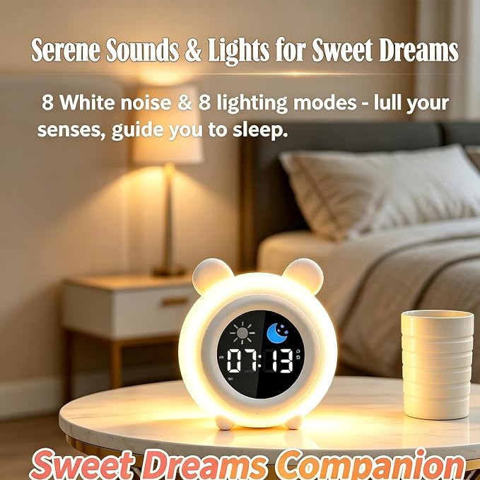 Egg Cartoon Ok to Wake Alarm Clock, White Noise Tap Night Light for Room | 6 White Noise Sounds, 8 Light Modes, Dual Alarm & Snooze, Dimmable LED, Type-C Rechargeable, 12/24 Hour Display