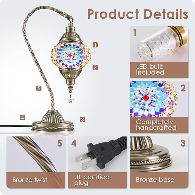 Yarra-Decor Turkish Moroccan Lamp with Bronze Base 3 Color Options Handmade Swan Neck Mosaic Glass Bedside Lamps for Bedroom (LED Bulb Included)(Blue1)