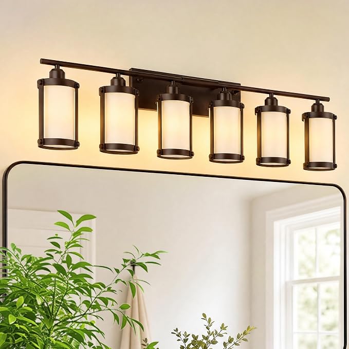 6-Light Oil Rubbed Bronze Bathroom Light Fixtures Over Mirror with Frosted Milk Glass and Metal Cage Shade, 42" UL-Listed Modern Farmhouse Wall Sconce for Bath, Hardwire E26, OS-3014ORBW-6W