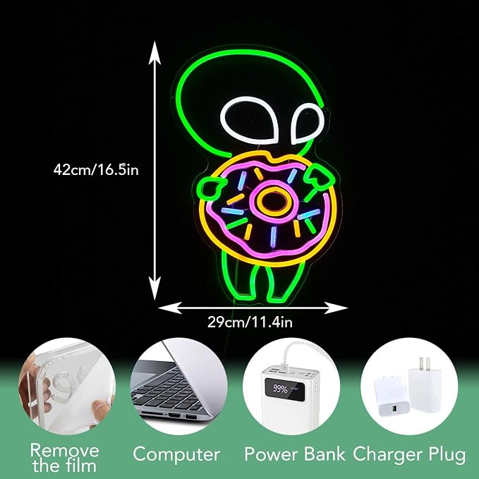 Alien Donuts Neon Sign Green Alien Neon Light for Wall Decor Donuts Led Lights Up Sign for Bedroom Dessert Shop Bakery Party Decoration Gift Fast Food Shop Cool Light Sign 16.5 * 11.4 IN