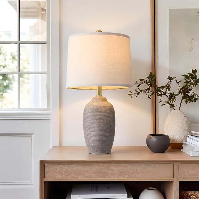 24.5" Vintage Ceramic Table Lamp Single-Rustic Boho Accent Nightstand Lamps for Bedroom, Living Room, Entryway-Small Textured Bedside Lamps, Modern Farmhouse Lamps for Home Decor Purple Grey