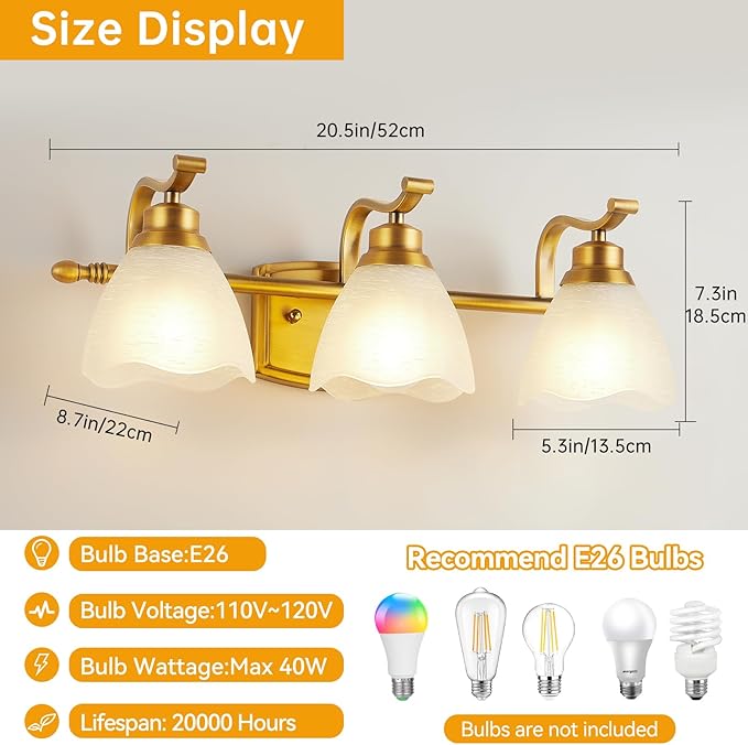 Bathroom Light Fixtures (3-Light, 20.5 Inch), Brushed Gold Vanity Lights for Bathroom with White Frosted Glass Shade, Modern Vanity Wall Lights for Mirror Bedroom Living Room Kitchen Hallway Porch