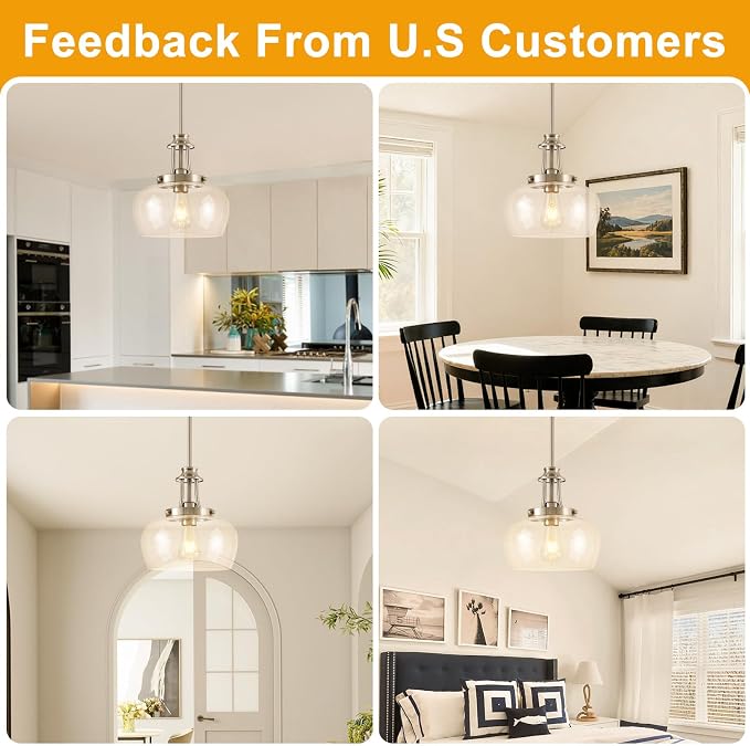 Modern Pendant Lights Kitchen Island, Brushed Nickel Pendant Light Fixtures with 10" Clear Glass Shade, Industrial Hanging Pendant Lights Fixture for Kitchen Island Dining Room Bedroom Foyer Entryway
