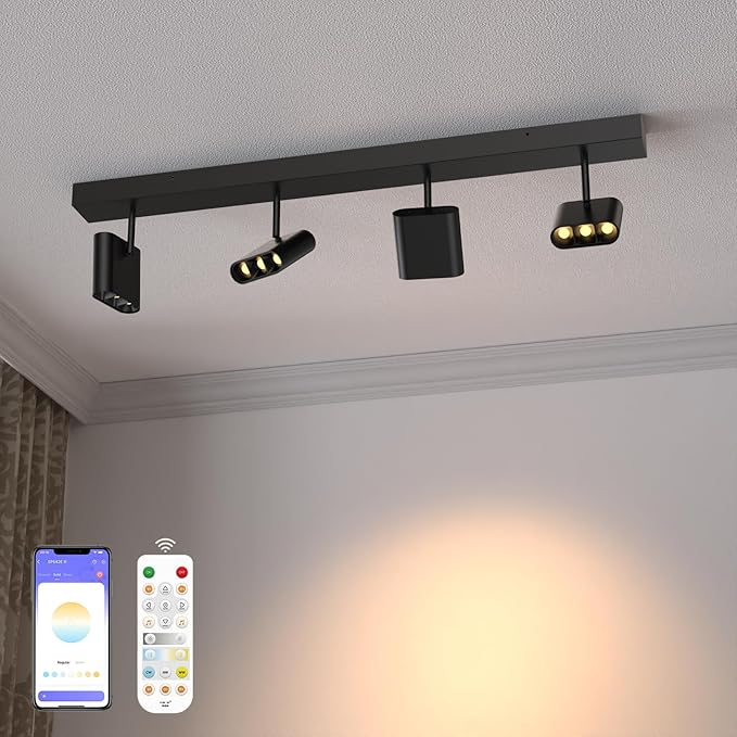 4 Light Heads Track Lighting Kit, Modern LED Track Lighting Fixtures Ceiling, Rotatable Light Heads with CCT 2700K-6000K & Brightness Dimming, Dimmable Ceiling Spot Lights for Living Room with Remote