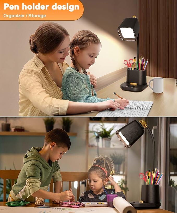 LED Desk Lamp with 2 USB Ports, Storage Box, Small Table Lamp for Home Office, Bedroom, College Dorm Room, Gooseneck Desk Light with Charger for Study, Reading, Craft, Work, Task, Dorm Room Essentials