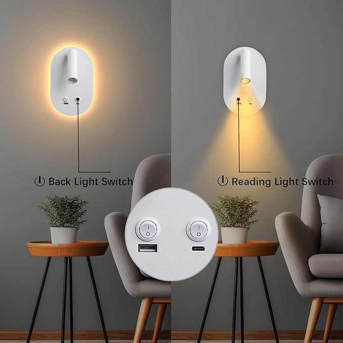 Wall Lamp Plug in Hardwired 2 in 1 Wall Sconces, Wall Mounted Reading Light with USB Type C Ports, Adjustable Bedside Headboard Spotlight, Bedside Lamp with 9W+3W Night Light 3000K (White)