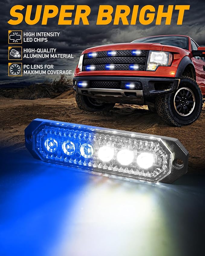 HLauto 406T Emergency Strobe Grille Lights: 4Pcs 6 LED Sync Feature Safety Warning Flashing Light, 12V-24V Ultra Slim Surface Mount Hazard Caution Light for Truck, Vehicle, Car, ATV, UTV (Blue White)