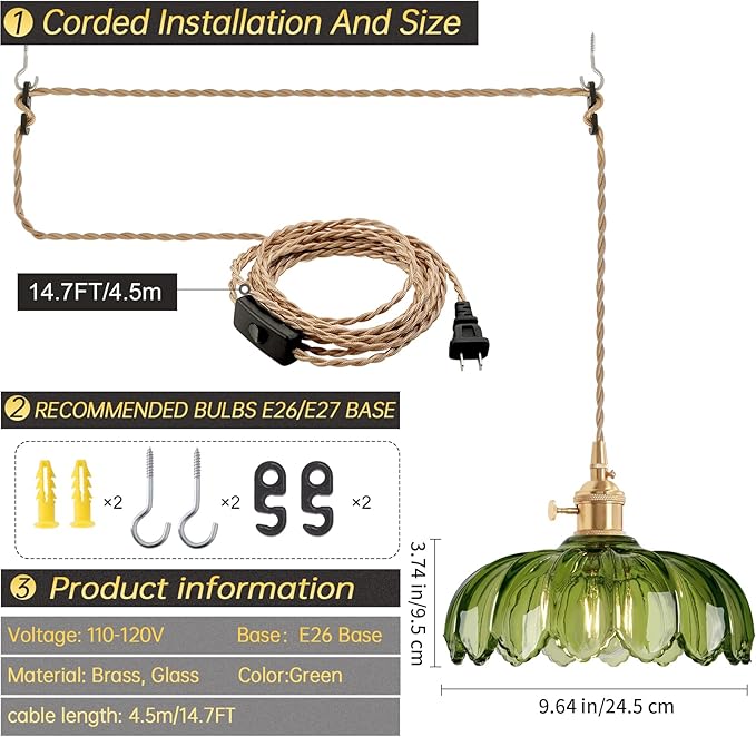Plug in Pendant Light Hanging Light Fixtures with Plugin Cord On/Off Switch,Green Scindapsus Glass Lampshade Brass Pendant Light