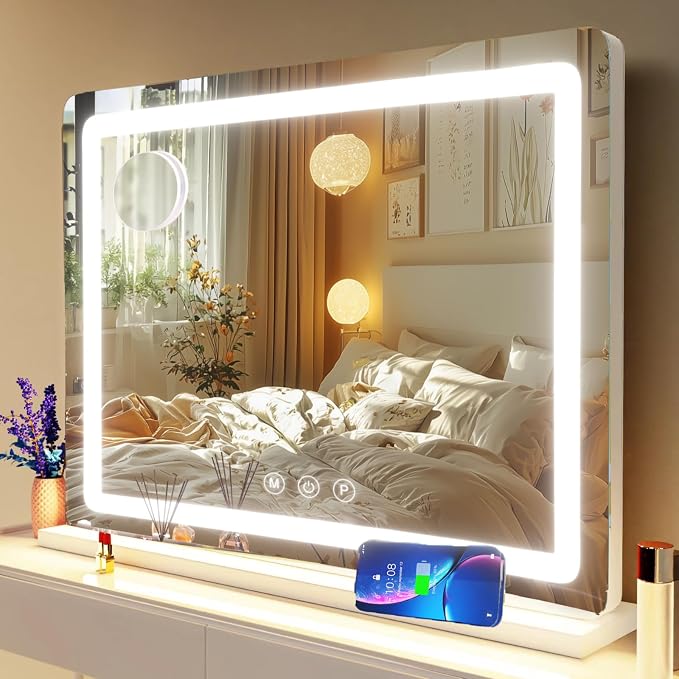 Gvnkvn Makeup Vanity Mirror with USB Charging Port 28" x 22" Large LED Makeup Mirror, Desk Mirorr with Lights, Light up Mirror with 10X Magnification and, Dimmable 3 Modes, Touch Control White