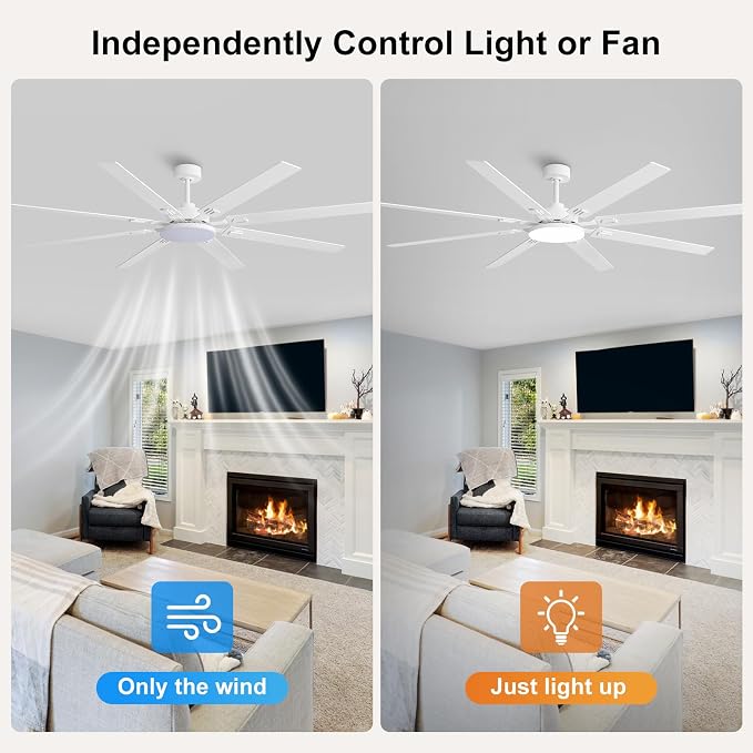 80 Inch Ceiling Fans with Lights and Remote, Bedroom Living Room Office Library Cafe Outdoor Industrial, 5CCT Dimmable, Dual Color 8 Blades, 6 Speed Reversible Quiet DC Motor, White/Wood Grain