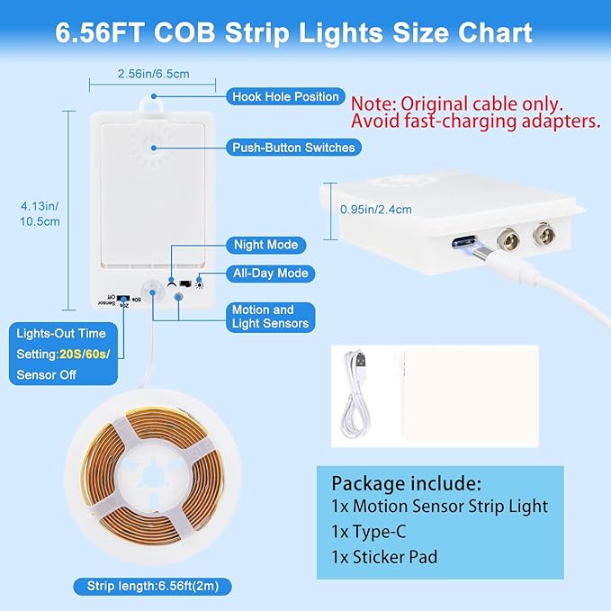 OMIKA COB Rechargeable LED Strip Light, 6.56ft 640LEDs 6000K Cool White Battery Powered LED Strip Light, Closet Lights Motion Sensored, Under Cabinet Lights for Bed, Locker, Wardrobe, Shelves