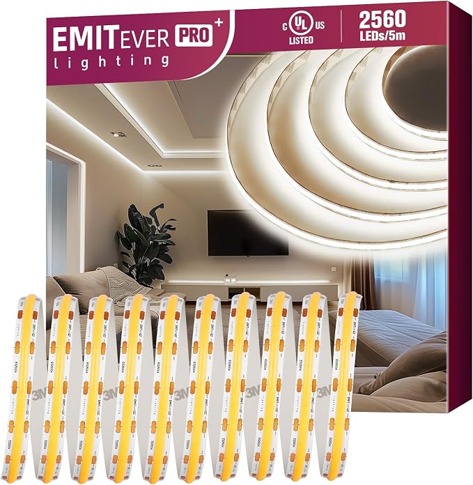 EMITEVER COB LED Strip Lights 4000K 24V, 16.4ft/5m, 2560LEDs, UL Listed | Neutral White Tape Light Premium High Density,for Bedroom,Kitchen,Cabinet,360+Lumens/ft,Ra 90+ (Power Supply Sold Separately)