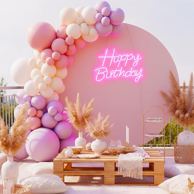 Happy Birthday Neon Sign for Backdrop, LED Happy Birthday Light Up Sign, USB Powered Dimmable Neon Light for Birthday Party Decorations, Wall Decor, Pink, 16.5 x 12 inch