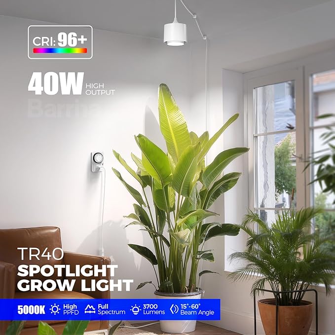 Barrina TR40 Hanging Plant Lights for Indoor Plant, 40W 5000K Full Spectrum | Adjustable Beam Angle (15°-60°), High PPFD, Spotlight Grow Light with Timer for Indoor, Large Tall Plant, Flowers, White