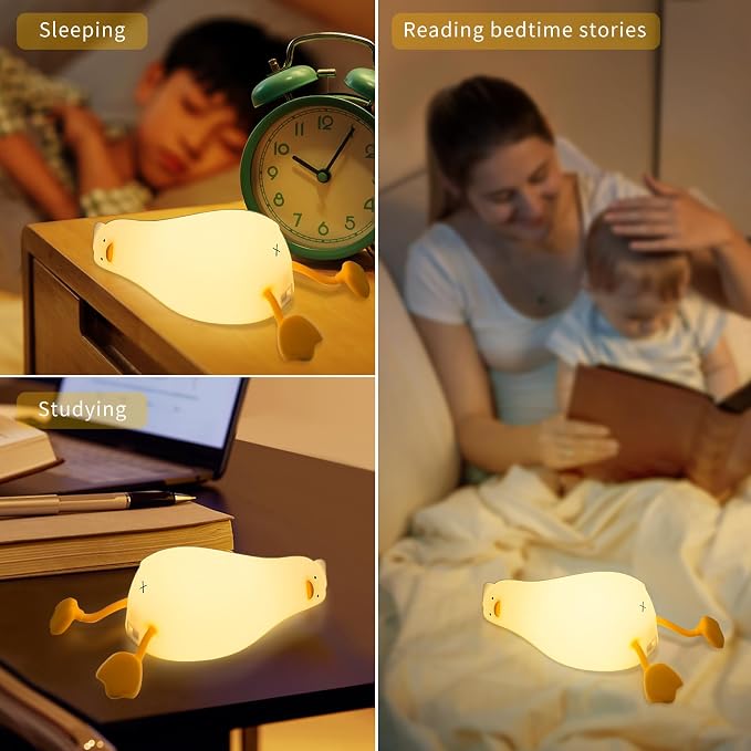 Duck Night Light, Soft Squishy Silicone Kids Nightlight, Lying Flat 3 Level Dimmable Touch Lamp with Timer, 1200mAh USB Rechargeable Baby Nursery Lamp,Xmas Gifts Kawaii Bedroom Decor