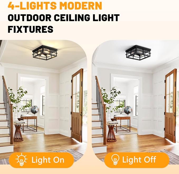 Asnxcju Black Flush Mount Ceiling Light, 4-Light Indoor Outdoor Light Fixtures for Porch with Clear Glass, 12 Inch Modern Close to Ceiling Lights for Bathroom, Covered Patio, Balcony, Foyer