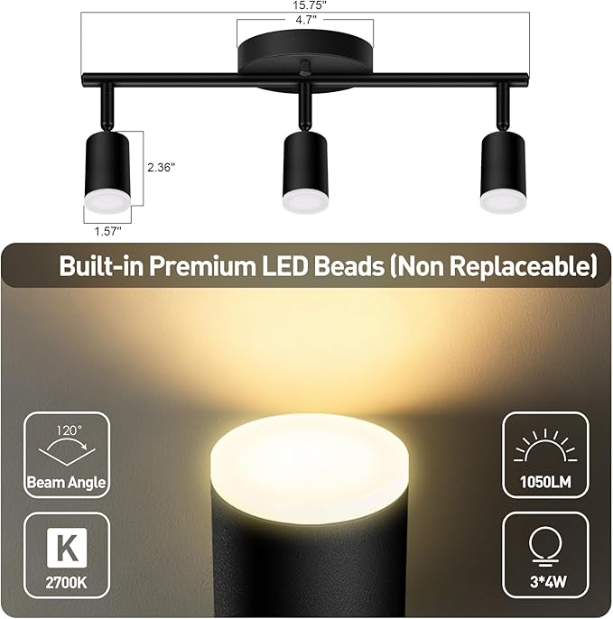 3 Light Track Lighting Fixtures Ceiling, 12W/2700K Black Track Lighting with Acrylic Lampshade & Rotatable Light Heads, 20000hrs Lifespan, Modern LED Track Lights Ceiling for Kitchen/Hallyway