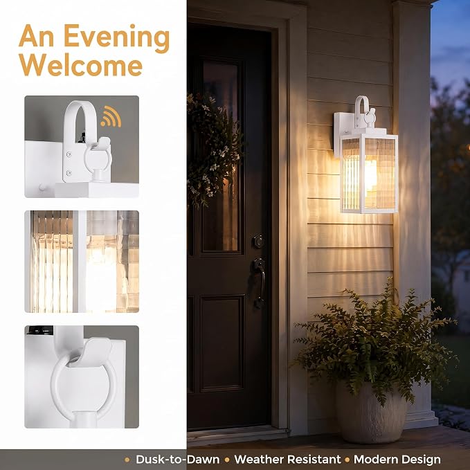 11.8-Inch Dusk to Dawn Outdoor wall Light, Simple White Porch Light | All-Metal Frame, Rust-Resistant Outdoor Lighting Fixture, Checkered Tempered Glass,Easy to Install