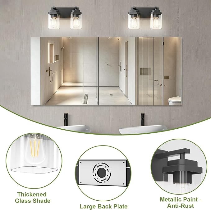 Black Bathroom Light Fixtures, 2 Lights Bathroom Lighting Fixtures Over Mirror, Square Design & Rectangle Large Backplate, Modern Vanity Lighting Fixtures, for Bathroom/Living Room/Bedroom