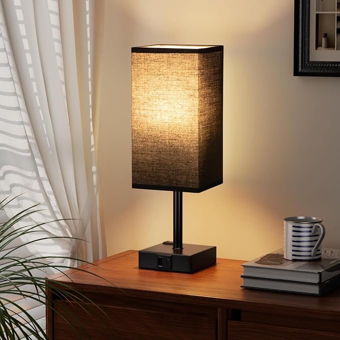 3000K Black Table Lamp for Bedroom - Dimmable Touch, USB C+A, AC Outlet | 3-Way Dimming, 3000K Warm White Bulb Included, Nightstand Lamp with Square Linen Shade, Small Room Decor for Men, Boys, Desk