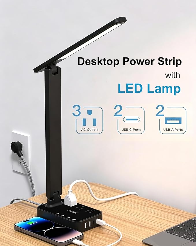 LED Desk Lamp, 10Ft Power Strip with 3 Outlets 4 USB Ports(2 USB C), Black | One Beat 4 Modes 5 Level Brightness Touch Lamp, Small Desk Lamp for Home Office College Dorm Essentials, Study Reading Light