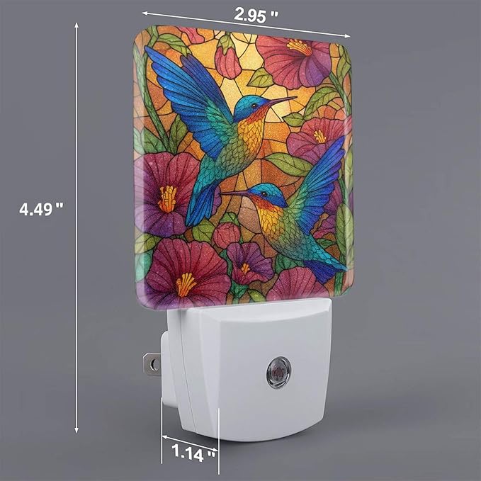 Blue Hummingbirds Night Light Set of 2, Colorful Flowers Auto Sensor LED Dusk-to-Dawn Nightlights, Plug-in Sensor Lamp for Bedroom Bathroom Kitchen Hallway Stairs Decorative