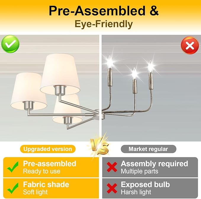 36" Brushed Nickel Dining Room Light Fixture, No Assembly Required 6-Lights Kitchen Chandelier for Dining Room with White Fabric Shade, Chandelier Ceiling Light Fixture for Kitchen Bulb Not Included
