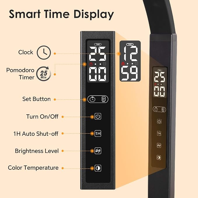LED Desk Lamp for Office Home: Pomodoro Timer Table Light with Base 1600 Lumen Bright - 5 Color Stepless Dimming for Reading Study Drafting