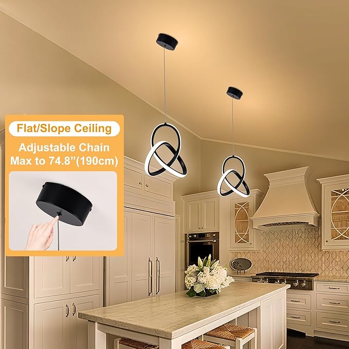 MAYNA Modern Spiral Led Chandelier, 4000K Pendant Light Kitchen Island, 18W Adjustable Height Island Light Fixture for Kitchen Bedroom Kitchen Island Cafe, 3 Pack (Black)
