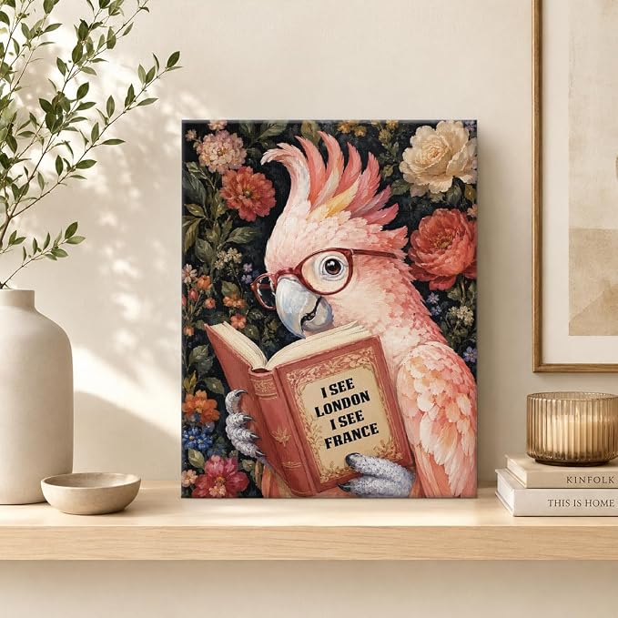 NSFBESSLIA Funny Reading Cockatoo Painting, Whimsical Vintage Bird Decor, I See London I See France, Cottagecore Floral Wall Art for Living Room Bedroom Entryway, 8x10 Inch