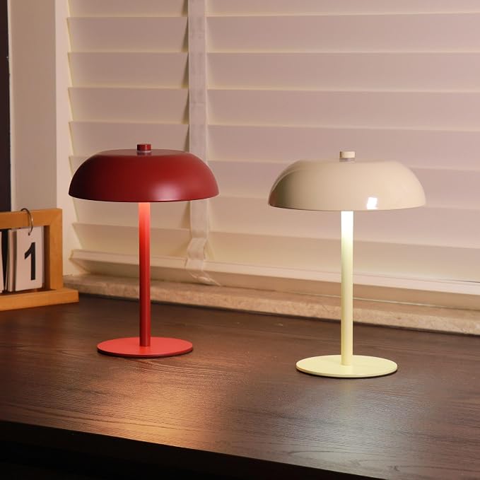 Cordless LED Mushroom Table Lamp, 5200mAh Battery, Dimmable 3 Color, White | Small, 8.46in, Portable, Easy to Assemble, Metal structure, Rechargeable, Suitable for bedroom, café, and bar counter