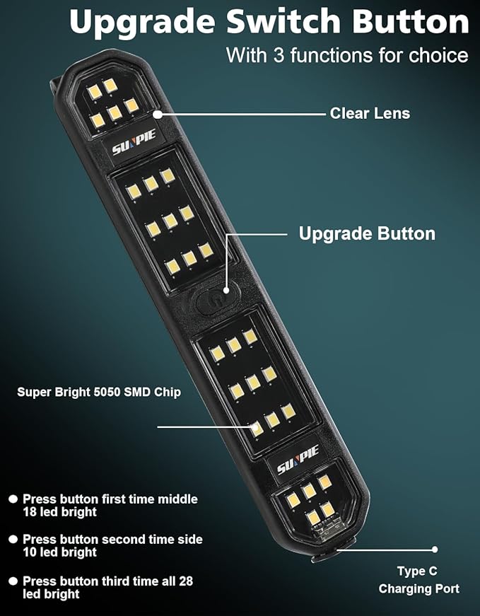 SUNPIE Truck Bed Lights Car Interior LED Lights with Switch Button &Strap Rechargeable Type-C Battery Powered Car Interior Lighting for Wrangler Truck RV Van Lorry Camper Boat Caravan Motorhome