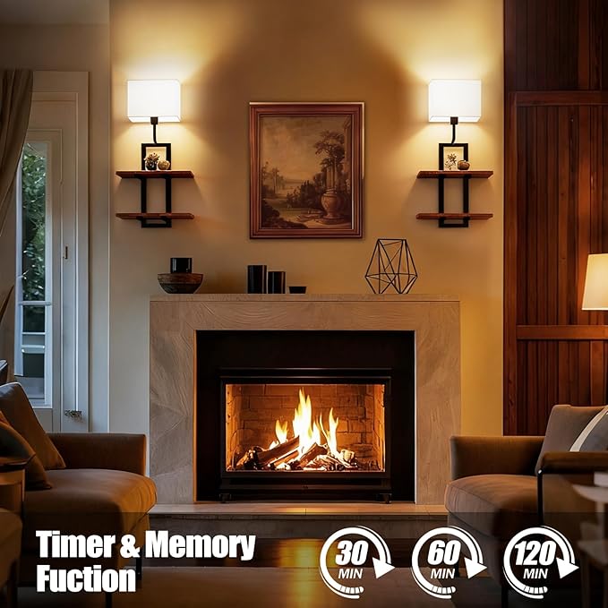 Set of 2 Battery Operated Wall Sconce with 2-Tier Shelf, Remote Wireless Rechargeable Dimmable Wall Lights with Floating Shelves, Wall Lamps for Bedroom Living Room Hallway Bathroom Decor