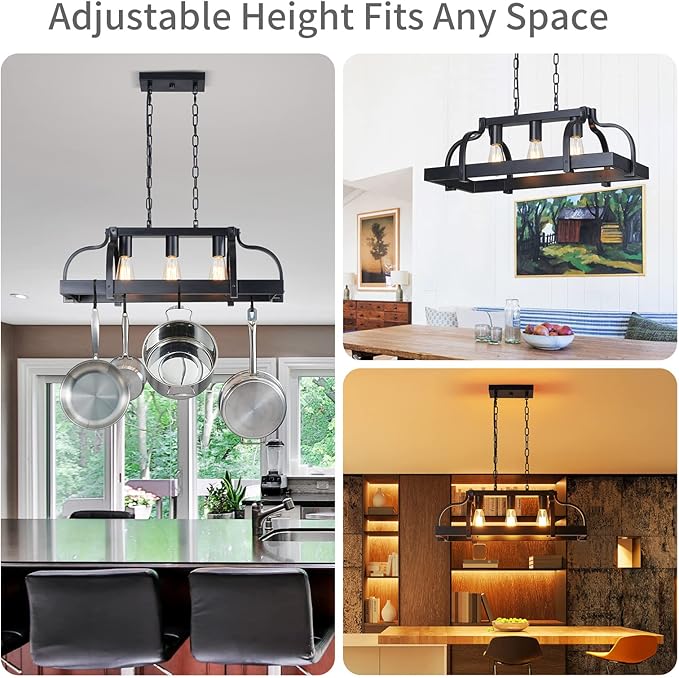 WUZUPS 3-Light Metal Pot Hanging Rack Chandelier Linear Pendant Ceiling Lighting Rustic Farmhouse Fixture Kitchen Island Dining Room, H 9.8" L 24.8" W11.8, E26 Base, Black