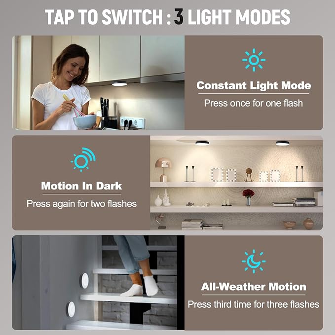 DWEPTU Motion Sensor Night Light 2 Pack LED Night Lights, Dusk to Dawn Motion Sensor for Bedroom, Bathroom, Toilet, Stairs, Kitchen, Hallway | LED Puck Lights, 3 Modes and Dimmable | Stick-On Lights for Bedroom, Kitchen, Cruise Ship