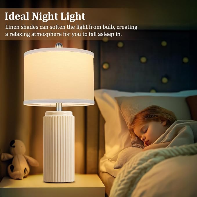 23.5" Cream Ceramic Table Lamps Set of 2, Modern Nightstand Lamps | Bedside Table Lamps with White Linen Shade, Ideal Size, Farmhouse Home Decor for Living Room Bedroom Office End Table Dorm
