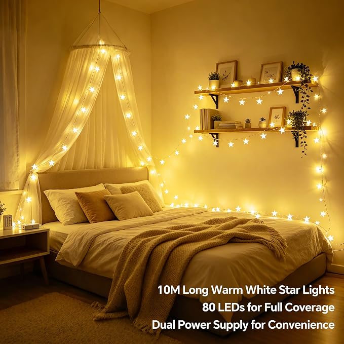 33Ft 80LED Star String Lights Battery and USB Operated, Warm White Star Fairy String Lights,Waterproof for Home Indoor Bedroom Wedding Room Dorm Wall Window Tent LoftBed Patio Party Decor