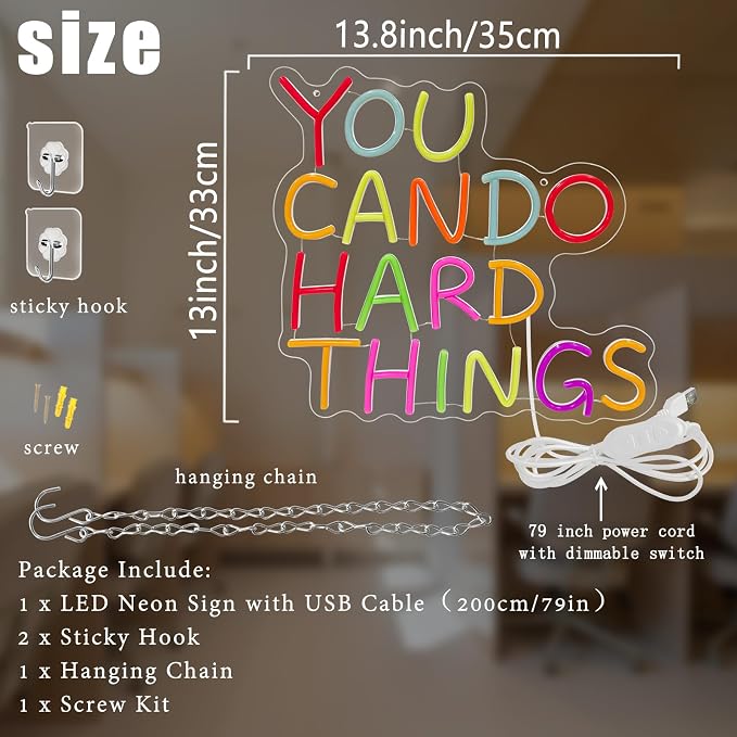 You Can Do Hard Things Neon Sign Inspirational Classroom Neon LED Light | Dimmable Kids Wall Art Neon Signs for Classroom Backdrop Library Office Bedroom Reading Room Birthday Party Decoration