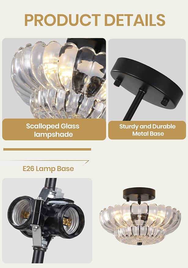 Semi Flush Mount Ceiling Light, Vintage Black Close to Ceiling Light Fixture with Glass Shade, Mid Century Modern Lighting for Bedroom Hallway Kitchen Laundry-Clear