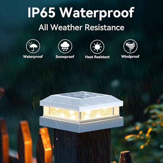 Brightever 4x4 Solar Light Outdoor 4 Packs, Waterproof Solar Powered Post Cap Light for 5x5 Vinyl/Wooden Post with Warm/Cool Lighting, White 16LEDs Deck Cap Lights for Outside, Garden, Patio, Porch