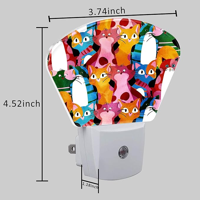 Watercolor Colorful Comic Cat Night Light for Kids Girls Boys, Cute Cat LED Night Light Plug into Wall with Dusk to Dawn Sensor for Bedroom, Hallway, Kitchen, Bathroom, Stairs Decor