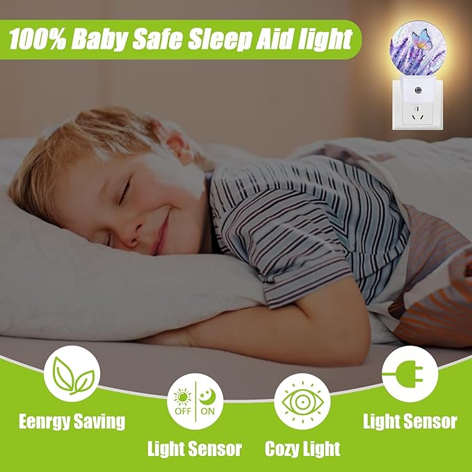 Lavender Flowers Night Light,Watercolor Butterfly Night Lights Plug into Wall for Kitchens Toilets Bedroom Decorative Half Round Nightlight Led Lamp 0.5W Sleep Friendly