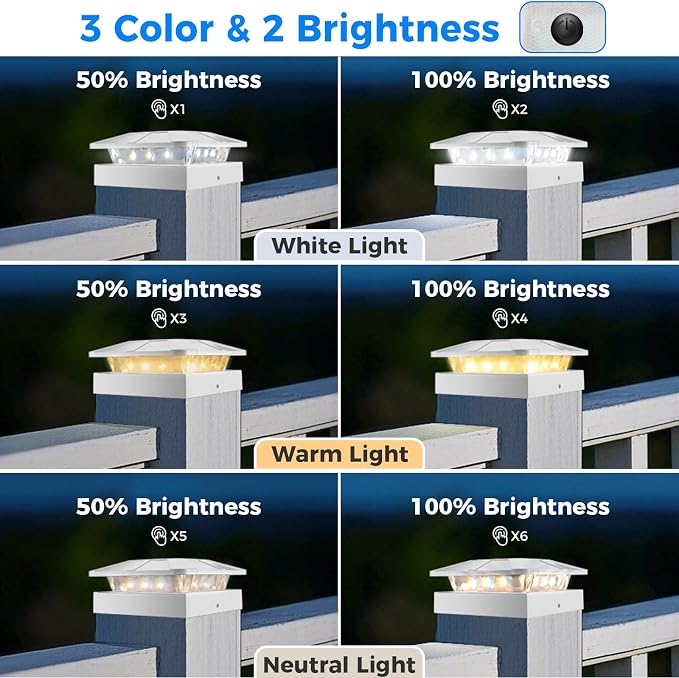 16 Packs 4x4 White Solar Post Cap Lights Outdoor with 3 Modes | Fence Post Light Solar Powered Fit 4×4/3.5×3.5 Wood/Vinyl Posts, Waterproof Post Topper for Deck Yard Garden Porch Outside