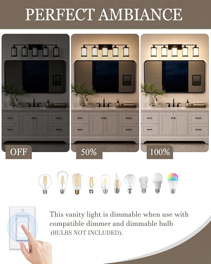 5-Light Matte Black Bathroom Light Fixtures Over Mirror with Frosted Milk Glass and Metal Cage Shade, 38" UL-Listed Modern Farmhouse Wall Sconce for Bath, Hardwire E26, OS-3014BKW-5W
