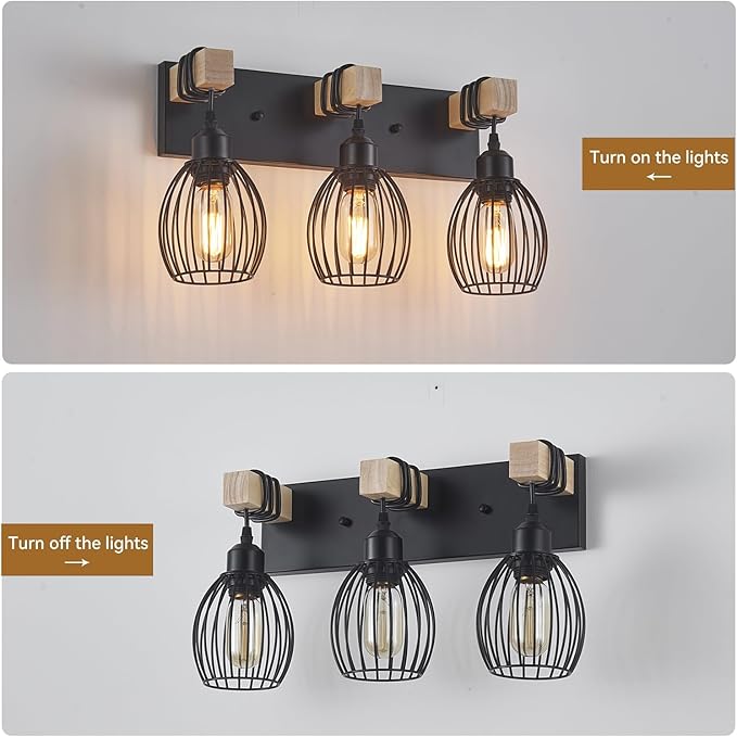 3-Light Farmhouse Vanity Light for Bathroom, Wood Wall Sconce with Elegant Teardrop Cage, Industrial Black Vanity Lights Over Mirror for Living Room Bedroom Hallway