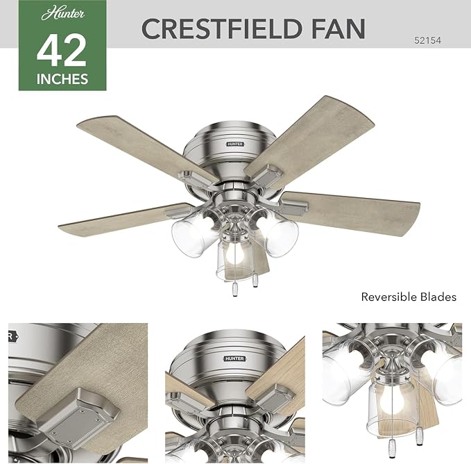 Hunter Crestfield, Indoor, Ceiling Fan, Quiet, 42 inch, Brushed Nickel | with LED Lights and Pull Chain, Low Profile Flush Mount, 5 Blades, For Bedroom, Living Room, Kitchen, 52154