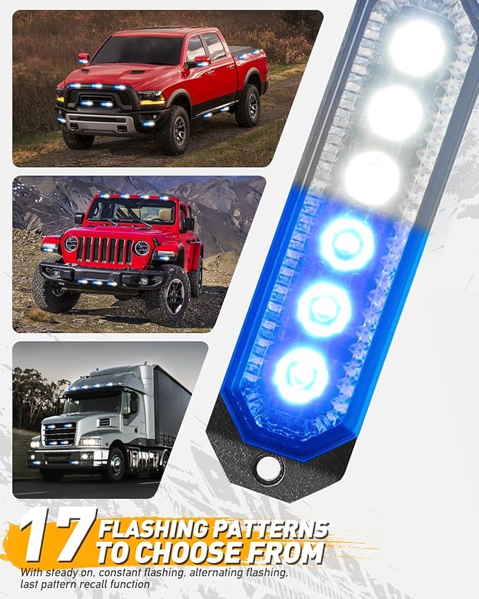 HLauto 406T Emergency Strobe Grille Lights: 4Pcs 6 LED Sync Feature Safety Warning Flashing Light, 12V-24V Ultra Slim Surface Mount Hazard Caution Light for Truck, Vehicle, Car, ATV, UTV (Blue White)