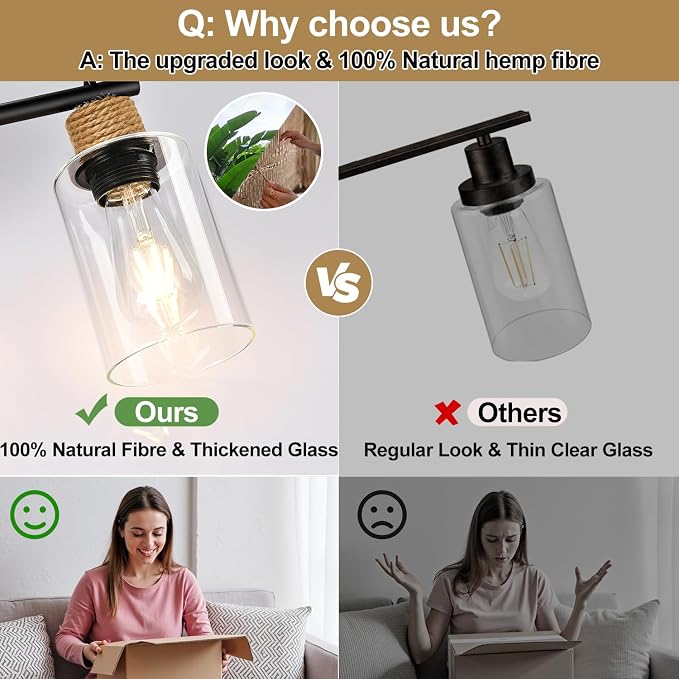 MOKATNG Bathroom Light Fixtures, 4-Light Farmhouse Vanity Lights with Hemp Rope, Black Bathroom Wall Lamp for Mirror Kitchen Hallway Cabinet