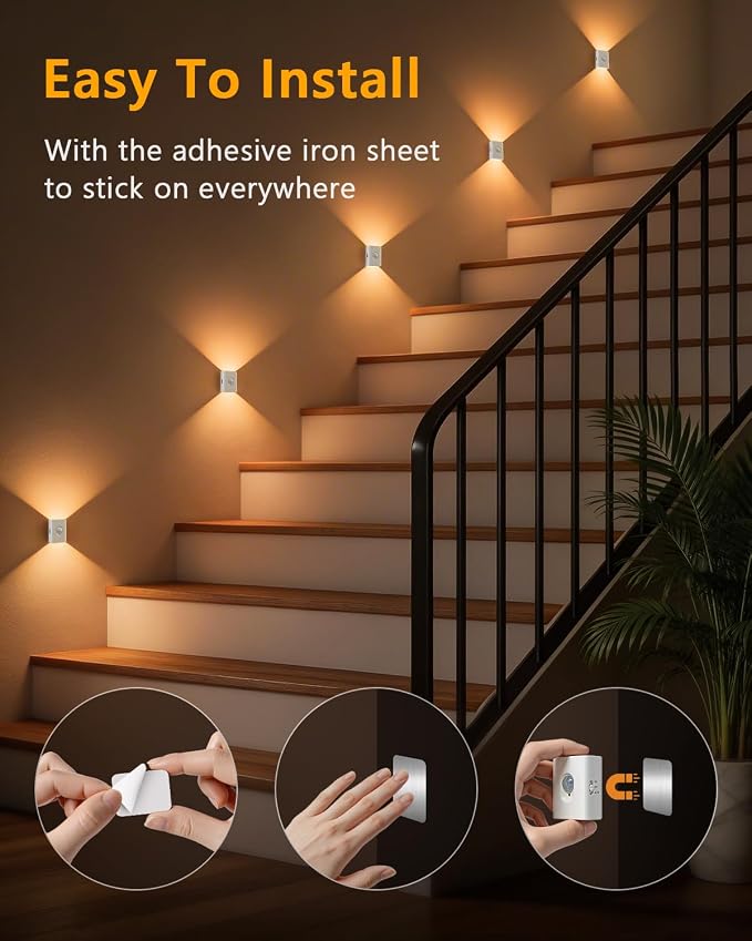 WILLED Rechargeable Motion Sensor Stair Lights Indoor, Warm White Magnetic Stick-on Battery Powered Night Lights for Stairway, Hallway, Bedroom, Closet, 6 Pack