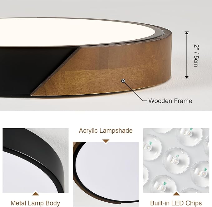 Modern LED Ceiling Light, Brown Walnut Wood Flush Mount Ceiling Light Fixture, Dimmable 5CCT Minimalist Circle Lighting Lamp with Acrylic Lampshade for Bedroom Laundry Room Hallway 11.8"